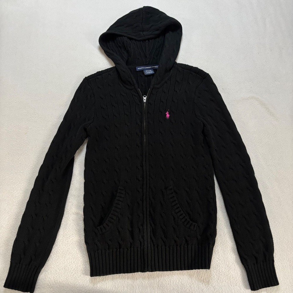 Ralph Lauren Sport Black Cable Knit Full Zip Hoodie Pink Pony Women Medium